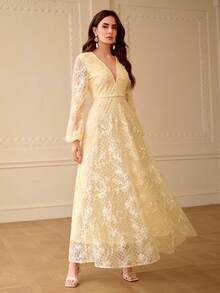 ZEYLAH Đầm dài dáng chữ H ôm eo, trang trí hoa 3D, thích hợp cho mùa xuân/hè. - Màu be - Xem 4