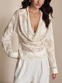 NOVVYNE 女士新款简约时尚日常通勤穿搭圆领镂空设计休闲杏色衬衫 - 杏色 - 查看 3