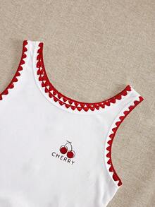 Resyla Women's Letter & Cherry Embroidered Camisole, Fashionable Shell Trim Cropped Tank Top - White - View 4