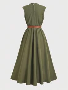 Firerie Kids Firerie Kids Tween Girl Casual Chic Commuter Stand Collar Ruffle Trim Belt Waist A-Line Dress, Military Green - Army Green - View 2