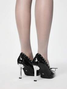 ROMWE Grunge Punk Women's Fashion Commuter Studded Decor Lace-Up Pointed Toe Pumps - Black - View 5
