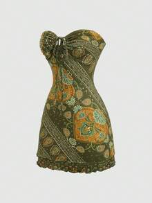 Flirla Fashionable Women's Multi-Color Vacation Style Printed Tube Dress - Green - View 4