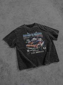 Manfinity ZONE917 男士夏季休闲短袖 T 恤，印有字母和汽车图案，适合朋友 - 深灰色 - 查看 1