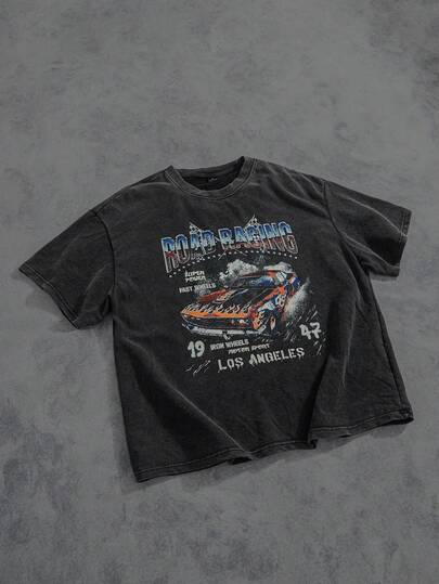 Manfinity ZONE917 Camiseta de manga corta casual de verano para hombres con estampado gráfico de letras y autos, para amigos