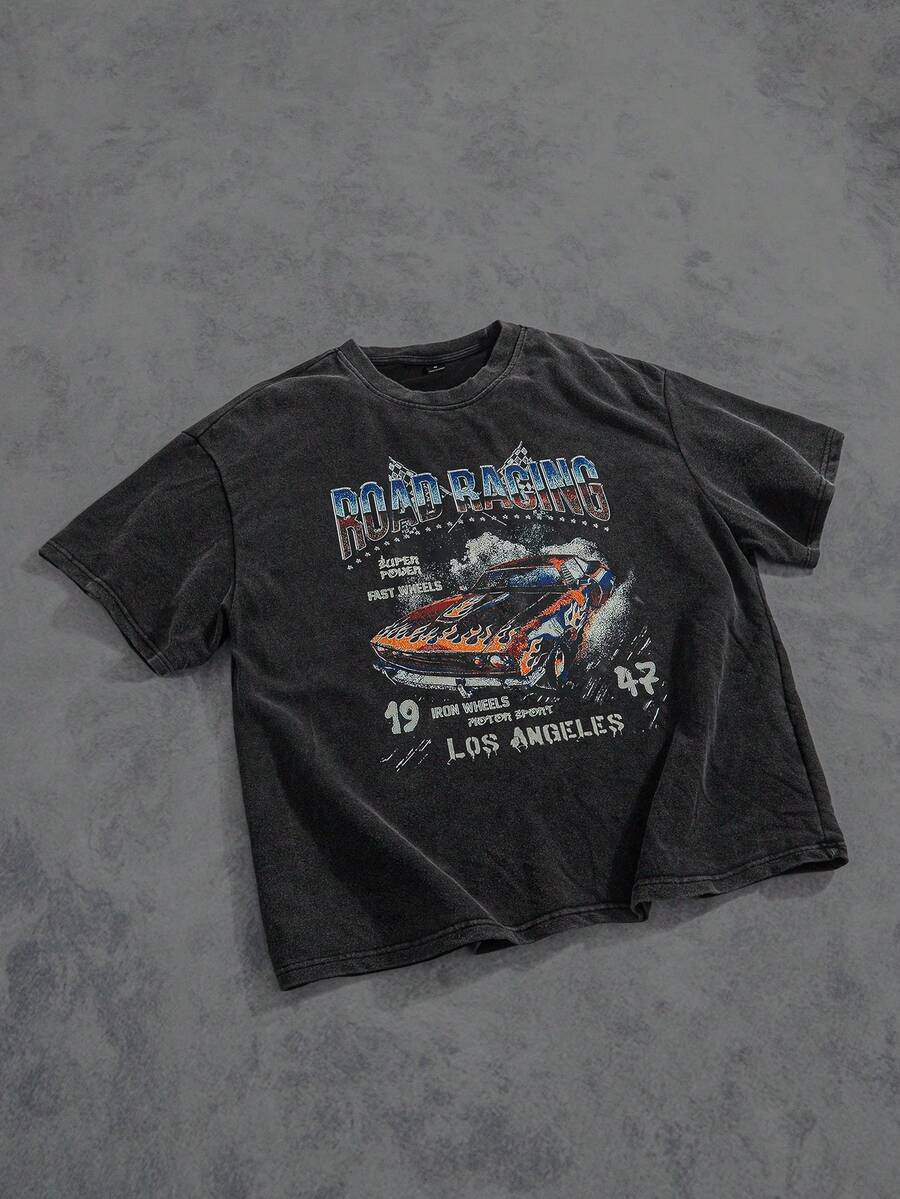 Manfinity ZONE917 男士夏季休闲短袖 T 恤，印有字母和汽车图案，适合朋友 - 深灰色 - 查看 1