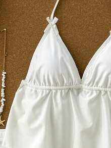 Swim Mod 女士甜美可爱沙滩度假休闲白色纯色吊带系带荷叶边蝴蝶结装饰比基尼两件套吊带泳衣 - 白色 - 查看 5