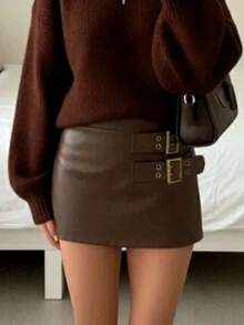 Siren Gaze Women's Brown PU Leather Skirt With Double Waistbands, Retro Style Spring Casual Brown Leather Skirt Belt Skirt Low Rise Skirts Sexy Skirts For Women Women's Skirts - Coffee Brown - View 1