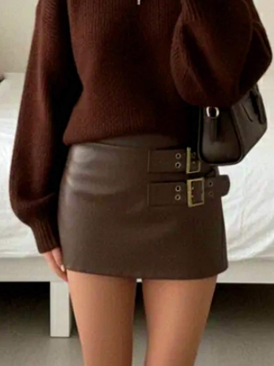 Siren Gaze Women's Brown PU Leather Skirt With Double Waistbands, Retro Style Spring Casual Brown Leather Skirt Belt Skirt Low Rise Skirts Sexy Skirts For Women Women's Skirts - Coffee Brown - View 1