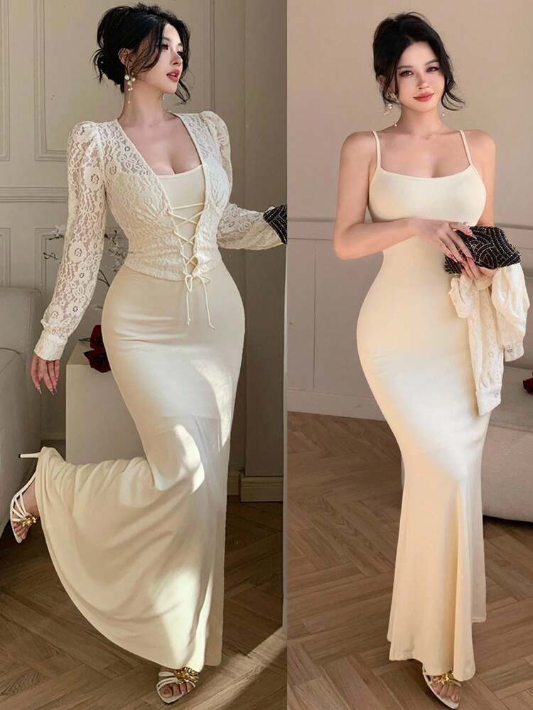 Spring & Summer Hollow Out Cropped Top, Lace Blouse, Camisole Dress, Mermaid Dress, 2-Piece Set, Elegant For Valentine's Day, Wedding, Party, Formal Occasion, Fashionable, Slim Fit, Commuting