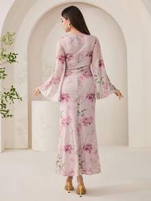 Veilorie 女士印花圆领喇叭袖修身优雅连衣裙 - 彩色 - 查看 2