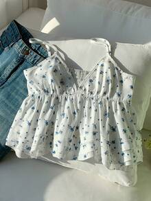 Comfortcana Áo hai dây nữ họa tiết hoa nhí xếp nếp viền ren, thích hợp cho kỳ nghỉ hè. - Nhiều màu - Xem 4