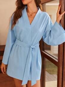 Women's Bohemian Casual Vacation Loose Comfortable Woven Tie-Front Flare Sleeve Long Sleeve Robe, Blue - Blue - View 5