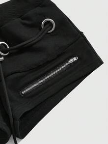 ROMWE Grunge Punk Y2K Vintage Distressed Metallic Grommet Lace-Up Super Low Rise Mini Shorts - Black - View 3