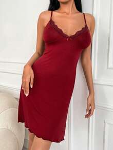 RueChic Lace Trim Cami Nightdress - Maroon - View 5