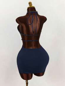 Mistrie Women's Navy Blue Tie-Up Sleeveless Dress - Navy Blue - View 2