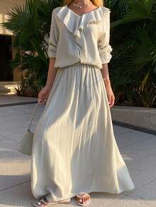 Livesso Women's Summer Ruffle Collar Top And Solid Loose Skirt 2 Pieces Set Linen - Khaki - View 1