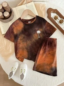 SHEIN 男童扎染短袖T恤和短裤套装 - 綠色 - 查看 4