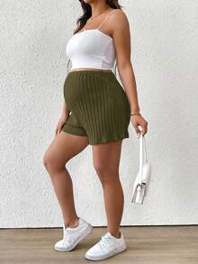 SHEIN 孕妇休闲日常通勤纯色罗纹可调节腰带短裤，夏季 - 軍綠色 - 查看 5