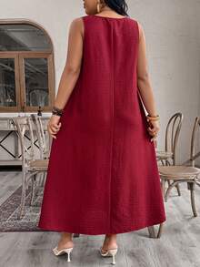 Linhara CURVE 大码女式圆领无袖A字长连衣裙，带口袋，休闲日常百搭亚麻质感乡村简约风连衣裙 - 紅色 - 查看 2