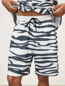 MTV | SHEIN Herren Sommer Zebra Muster Hemd mit Kragen und Shorts Loungewear Set - Schwarz und Weiss - Übersicht 9