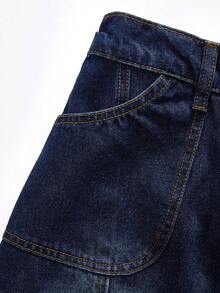 SHEIN MOD 大码女装时尚中长牛仔裙夏季穿搭春季女装复活节裙节日穿搭沙滩装毕业裙优雅裙休闲裙度假装夏季假日装沙滩度假装蓝色裙子女士经典深色水洗牛仔A字中长裙，松紧腰设计休闲日常风 - 深色水洗藍 - 查看 3