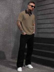 Manfinity CasualCool 男士撞色领短袖通勤休闲Polo衫 男士V领针织衫 男士纹理Polo衫 - 卡其色 - 查看 5