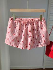 Comfortcana Quần short nữ kiểu dáng thường ngày kẻ sọc, họa tiết quả anh đào và hoa nhí, thích hợp cho mùa hè. - Hồng - Xem 6