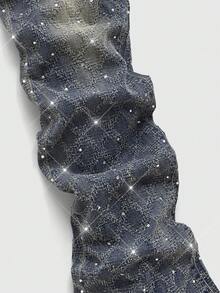 ROMWE MEN Street Life Jeans casuales para hombres lavados y desgastados con adornos de rhinestones - Azul lavado oscuro - Ver 4