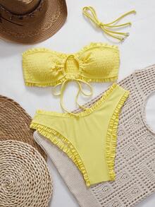 Swim Mod Bộ bikini tam giác buộc dây phía trước, màu trơn, viền bèo nhún, dành cho nữ, thích hợp mặc đi biển mùa hè. - Màu vàng - Xem 2