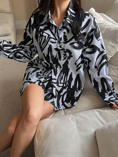 DAZY Women's Vacation Striped Graffiti Print Shirt & Shorts Pajama Set