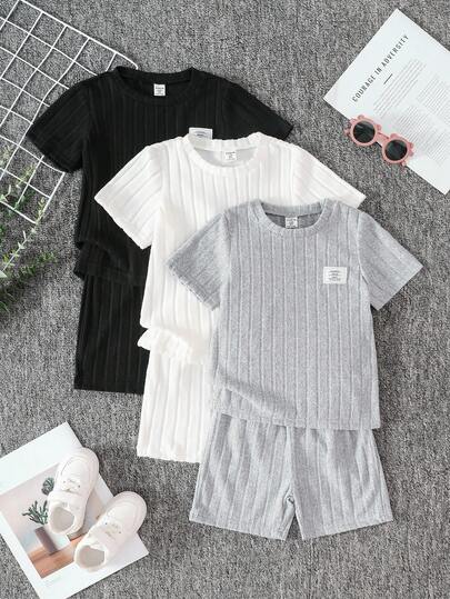 6pcs/Set Young Boy Fuzzy Rib Knit Crew Neck Short Sleeve T-Shirt And Shorts Set, Suitable For Casual, Holiday, Sports, Summer