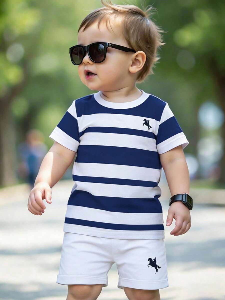 2pcs/Set Toddler Boys' Casual Striped Horse Print Short Sleeve T-Shirt And Shorts Set, Comfortable Daily Wear, Spring/Summer - Multicolor - View 1