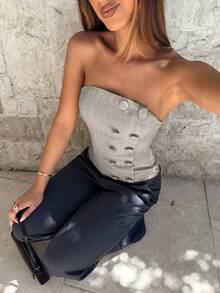 Aloruh Women's Khaki Elegant Sexy Fashionable Minimalist Chic Strapless Double-Breasted Fitted Waist Top, Spring/Summer - Khaki - View 7