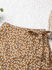 SHEIN Unity Chân váy nữ họa tiết hoa nhí thắt eo, kiểu dáng thường ngày, thích hợp cho kỳ nghỉ. - Cà phê nâu - Xem 5