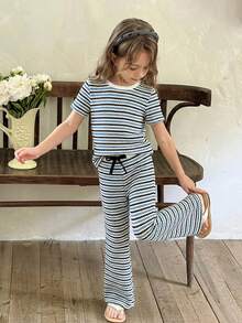 LMoss Kids 2pcs/Set Young Girl Striped Crew Neck Casual T-Shirt And Skinny Pants Outfit,Kids - Dusty Blue - View 4