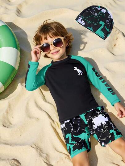 SHEIN Bộ đồ bơi 3 món cho bé trai, thích hợp cho hoạt động thể thao, nghỉ hè, học viện, đường phố, thời trang, họa tiết khủng long dễ thương, kèm mũ bơi. Bộ 3 món phù hợp cho trẻ em bơi lội, đi biển, nghỉ mát, chơi đùa trong nước, ngâm mình trong suối nước nóng. Thích hợp cho các mùa xuân, hè, thu, đông.