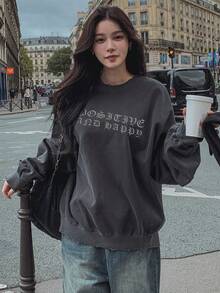 DAZY 复古休闲字母印花宽松百搭圆领女式卫衣 - 深灰色 - 查看 5