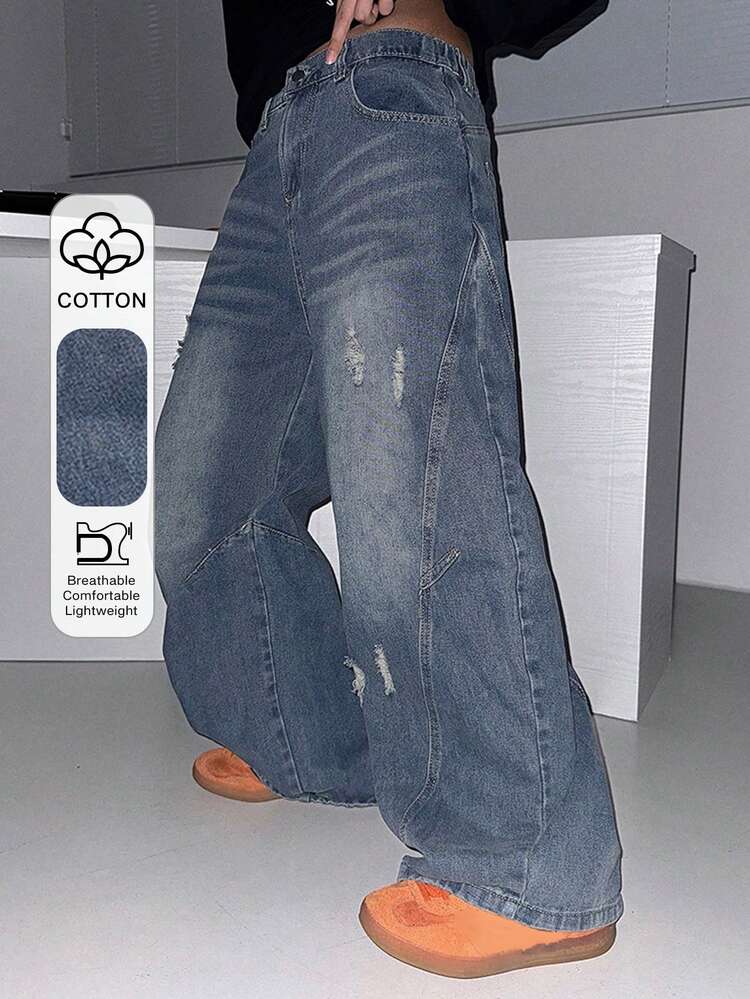 Vintage American Distressed Flared Jeans For Women, Casual Loose Straight Leg Design Y2k