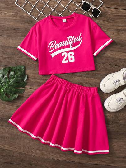 SHEIN 少女粉白撞色短袖字母印花T恤和迷你裙套装