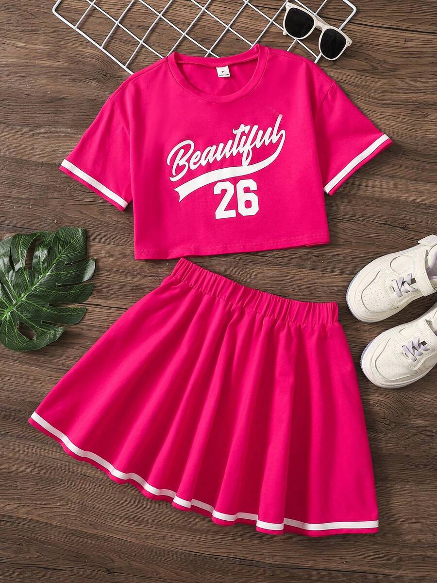 SHEIN 少女粉白撞色短袖字母印花T恤和迷你裙套装 - 玫紅色 - 查看 1