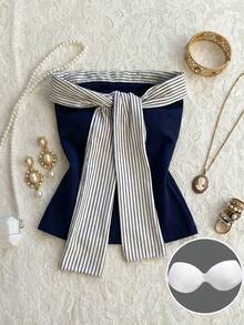 Attitoon 女士复古海军蓝条纹撞色拼接抹胸上衣，适合海滩、婚礼、派对、生日、度假、Y2K风格、外出、时尚、音乐节、西部风、节日、街头风、哥特风、情人节、春夏等场合。 - 彩色 - 查看 1