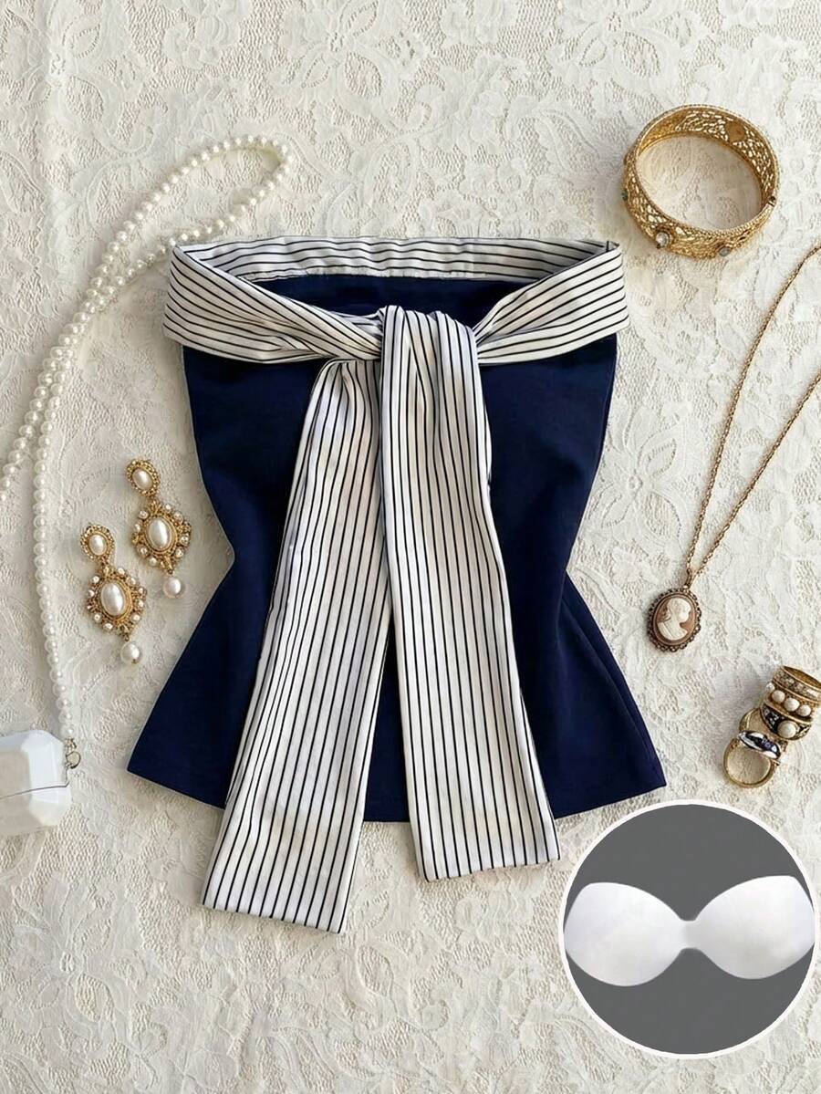 Attitoon 女士复古海军蓝条纹撞色拼接抹胸上衣，适合海滩、婚礼、派对、生日、度假、Y2K风格、外出、时尚、音乐节、西部风、节日、街头风、哥特风、情人节、春夏等场合。 - 彩色 - 查看 1