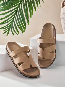 SHUZIA Faux Leather Cutout Design Taupe Pu Detailing Slip On Sandals - Beige - View 6