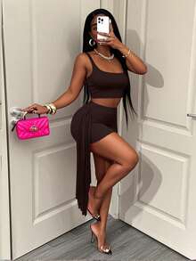 BamGleam Bộ 2 món: Áo tank top thường và quần short tua rua trang trí. - màu nâu - Xem 4