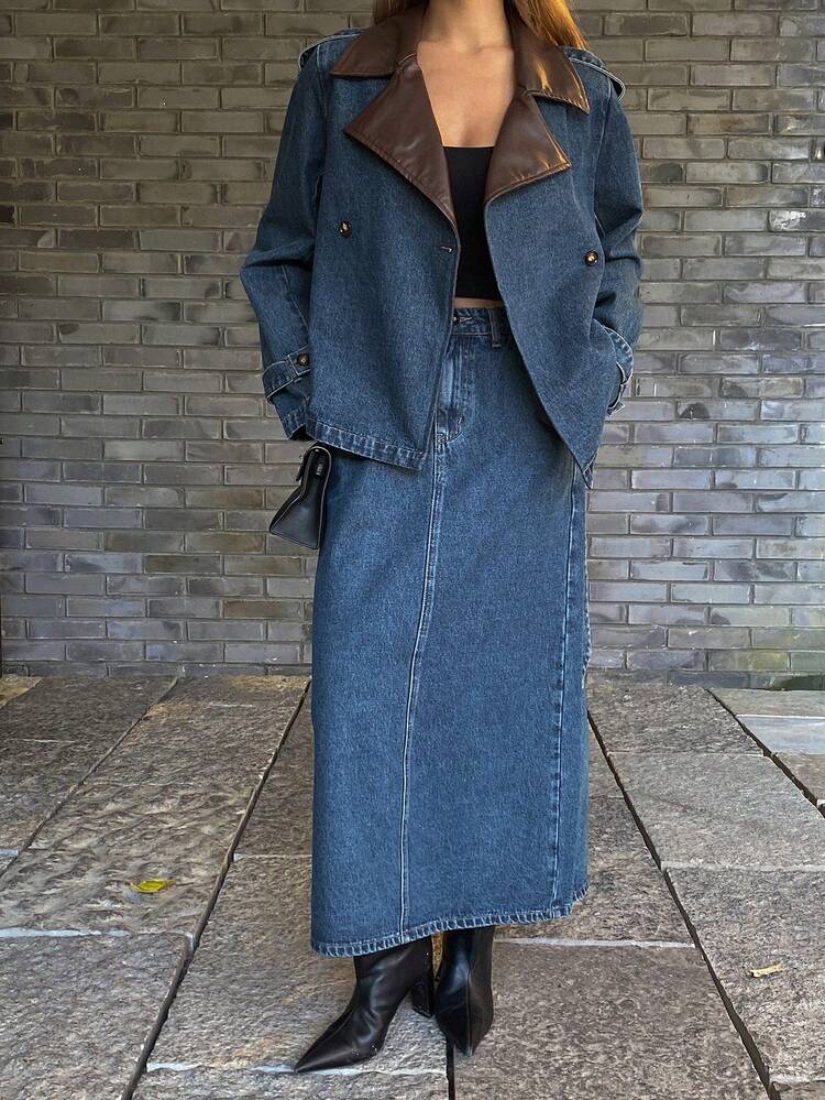 Women's PU Collar Contrast Color Patchwork Belted Denim Jacket And Straight Long Skirt Casual Elegant Denim Suit