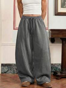 SWAVVY 男士休闲宽松运动裤，褶裥拼接设计，黑灰色，春秋季 - 深灰色 - 查看 2