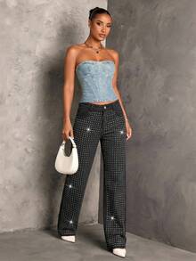 SHEIN BAE Women's Low Waist Embellished Slim Straight Leg Jeans, New Years Eve Outfit, Glitter Pants, Christmas Party Women Pants, Sequin Pants, Holiday Pants, Baggy Women Jeans, Glitter Baggy Jeans, Glitter Pants - Black - View 4