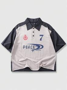 ROMWE MEN Prep Áo polo nam tay ngắn kẻ caro ghép mảnh in chữ và số, kiểu dáng thường ngày, đa năng, phù hợp đi làm. - Màu be - Xem 1