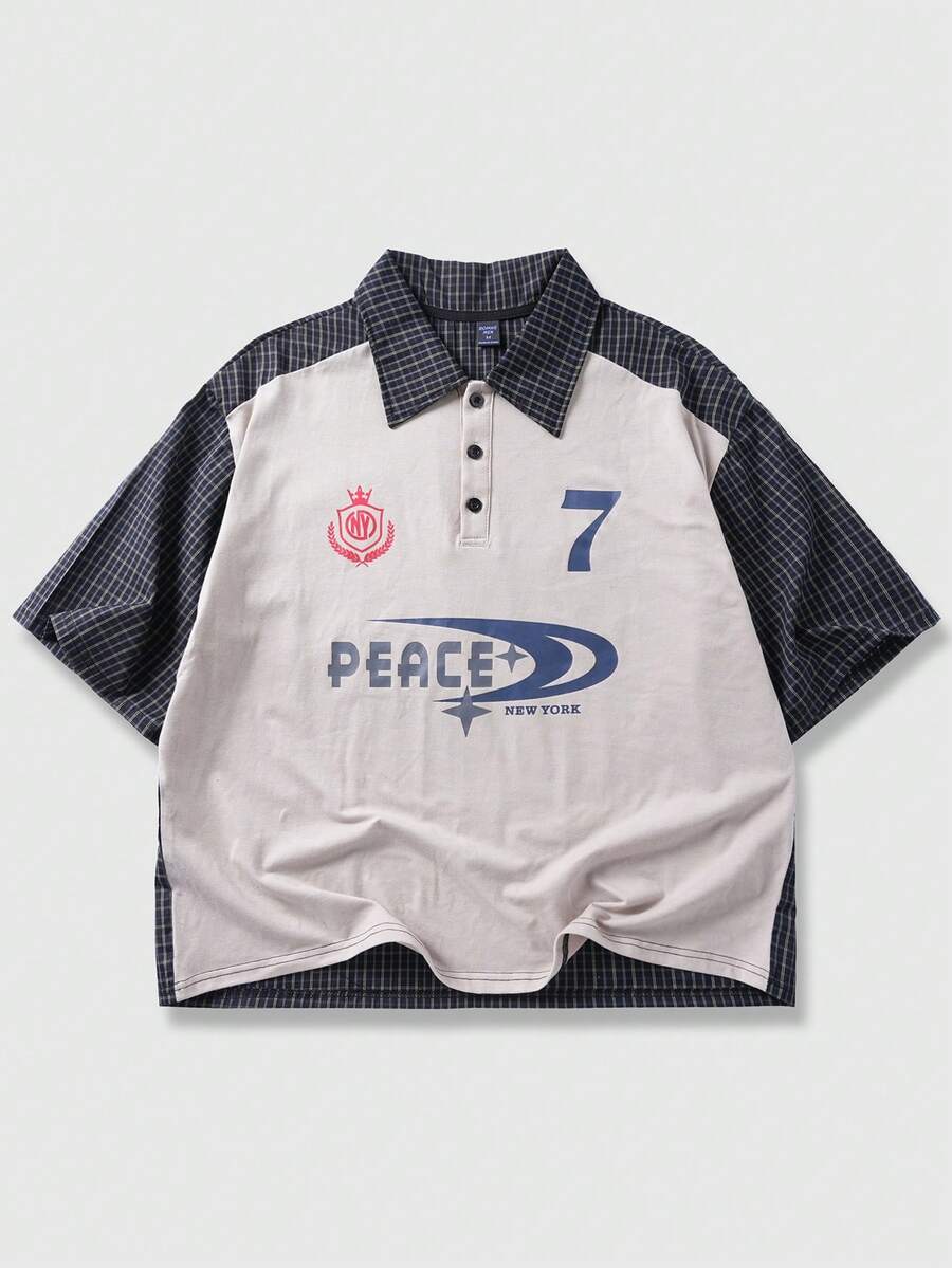 ROMWE MEN Prep Áo polo nam tay ngắn kẻ caro ghép mảnh in chữ và số, kiểu dáng thường ngày, đa năng, phù hợp đi làm. - Màu be - Xem 1