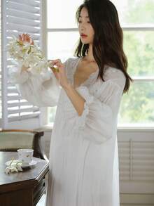 Cirelle Bộ đồ ngủ mỏng kiểu công chúa, áo ngủ cổ điển lấy cảm hứng từ Hepburn, áo choàng tắm mùa xuân và mùa hè, thích hợp để mặc ở nhà hàng ngày. - Nhiều màu - Xem 10